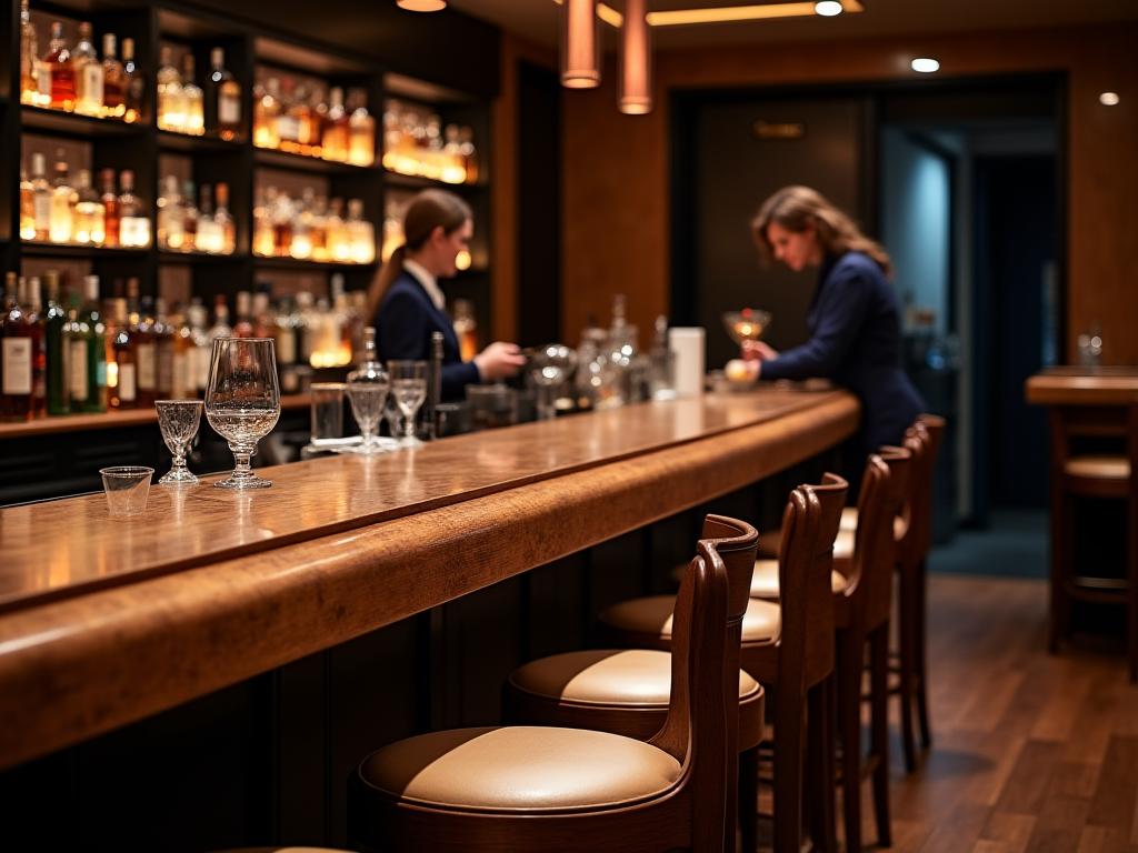 Barra de bar para club privado en roble con detalles de bronce