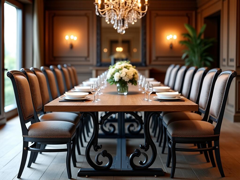 Mesa de comedor en roble con detalles de hierro forjado